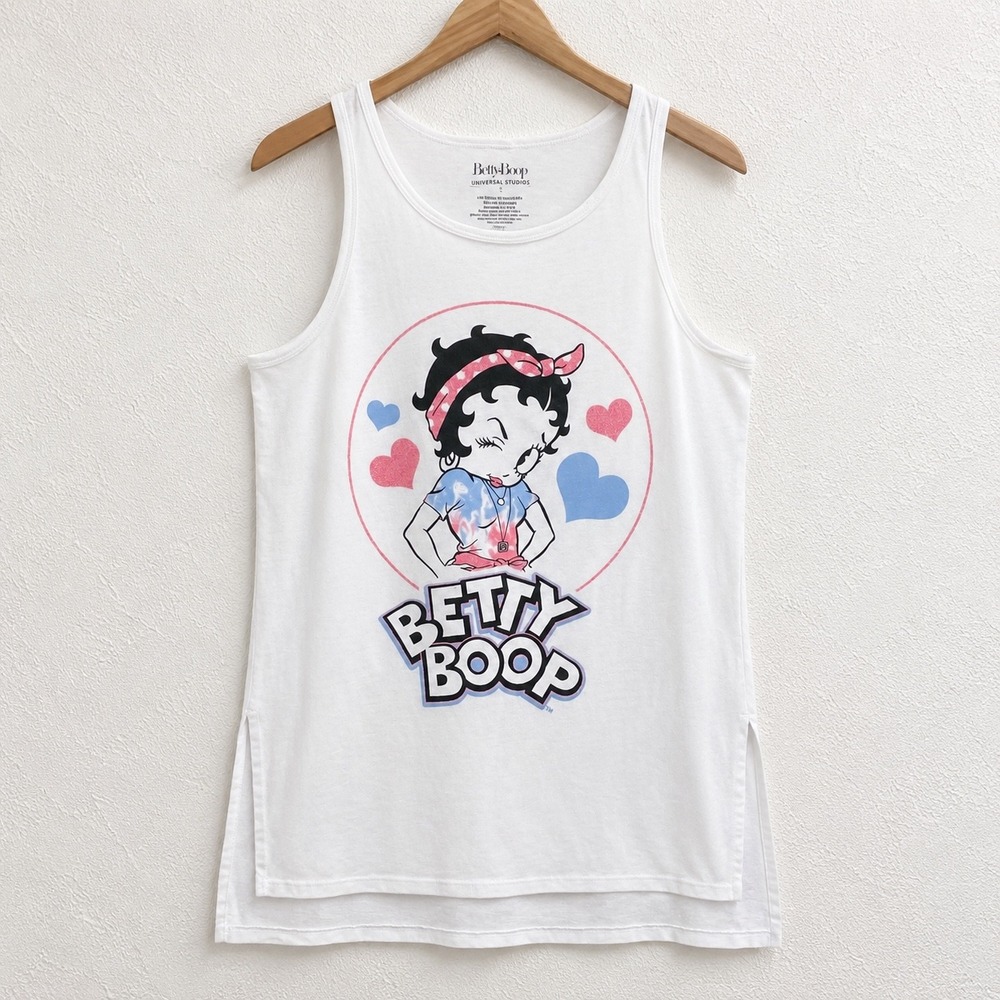 Betty Boop Universal Studios White Graphic Tank Top Large L Glitter Hearts Slits